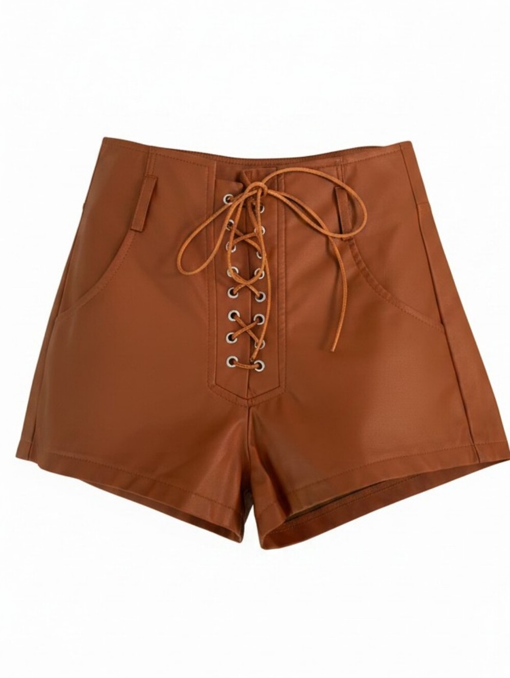 BooHoo High Rise Lace-Up Faux Leather Shorts Camel Brown Booty Shorts Size 4